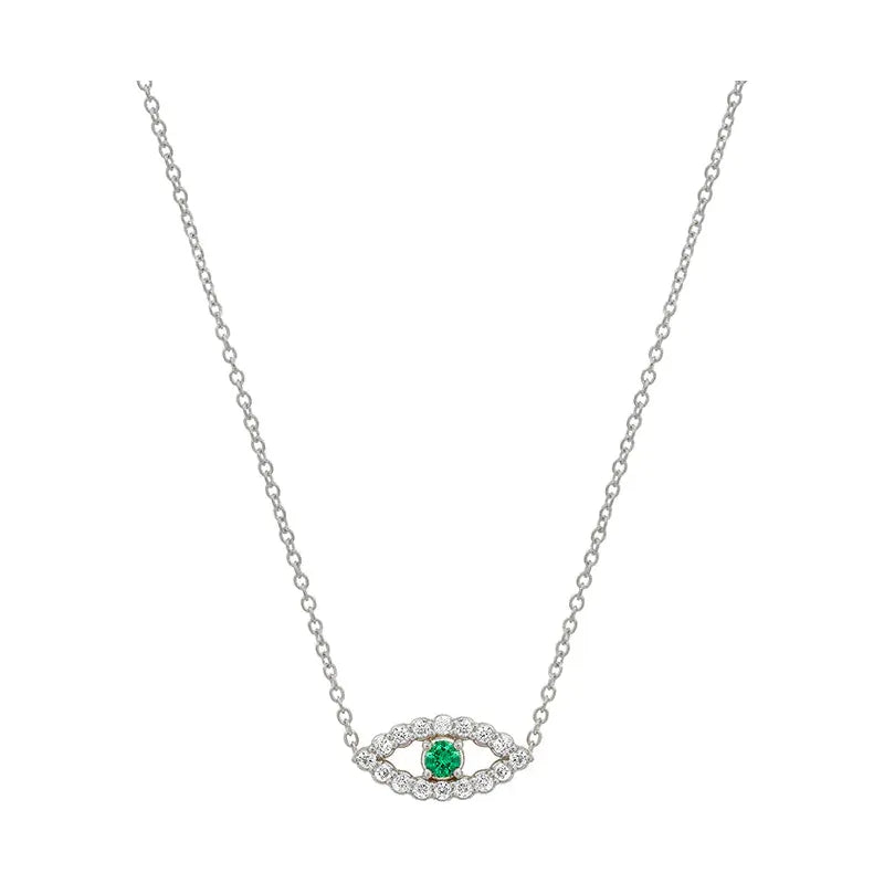 Diamond Mini Open Evil Eye Necklace With Emerald Center