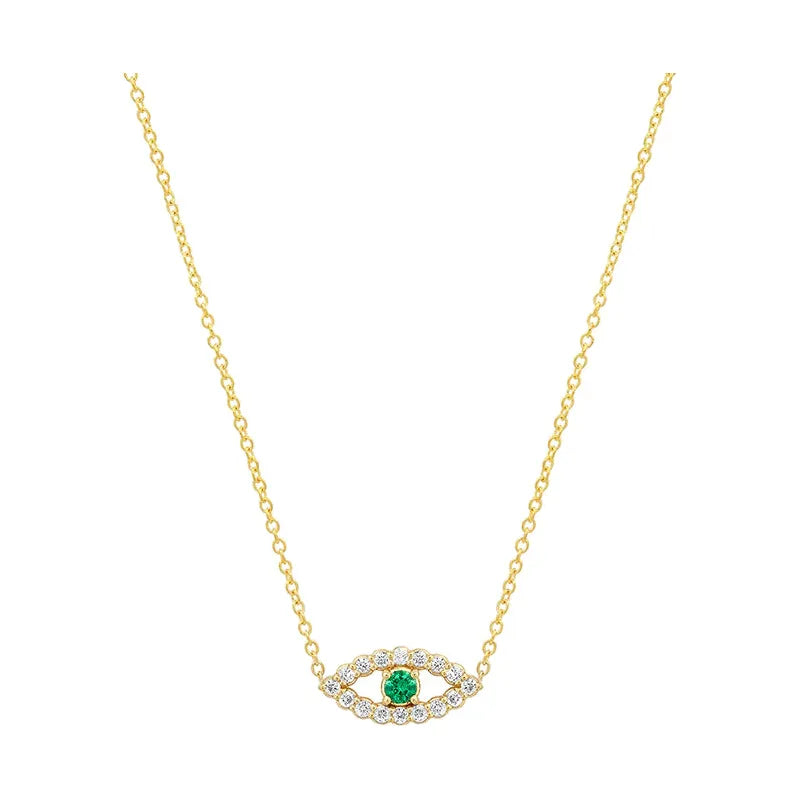Diamond Mini Open Evil Eye Necklace With Emerald Center