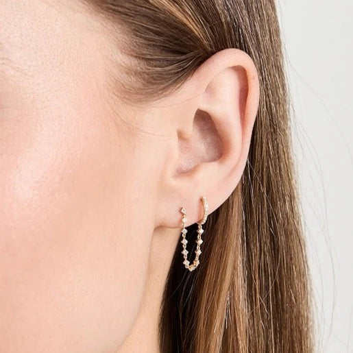 Diamond Mini Huggie &amp; Prong Set Chain Stud Earring