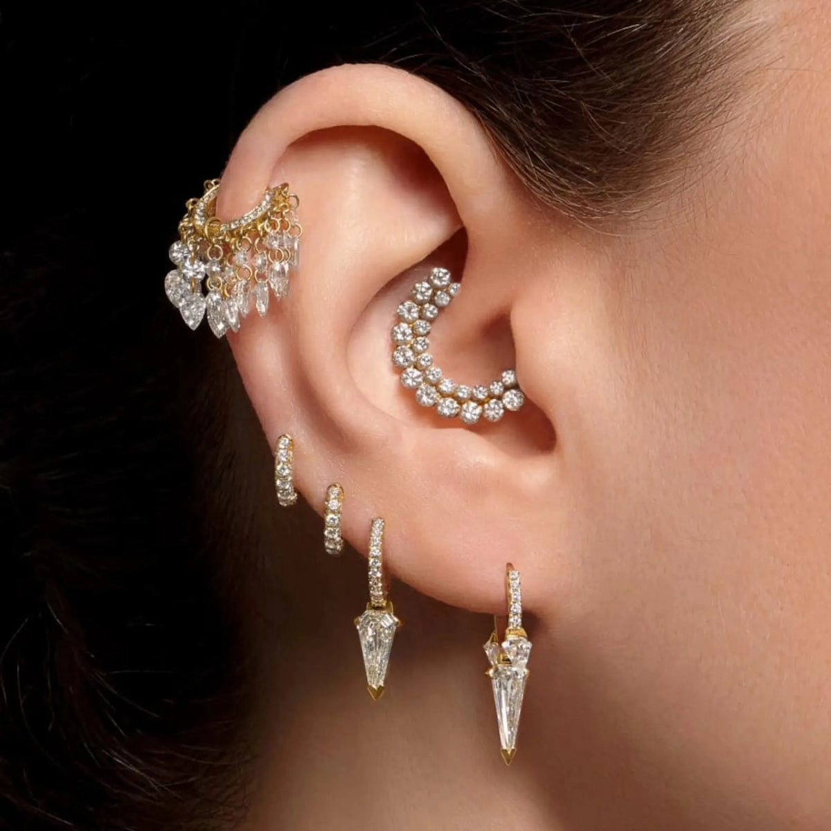 Silhouette Diamond Long Spike Eternity Hoop Earring
