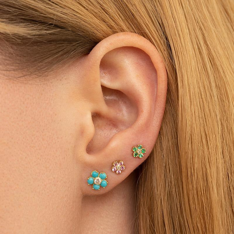 Turquoise Large Flower Studs With Diamond Center