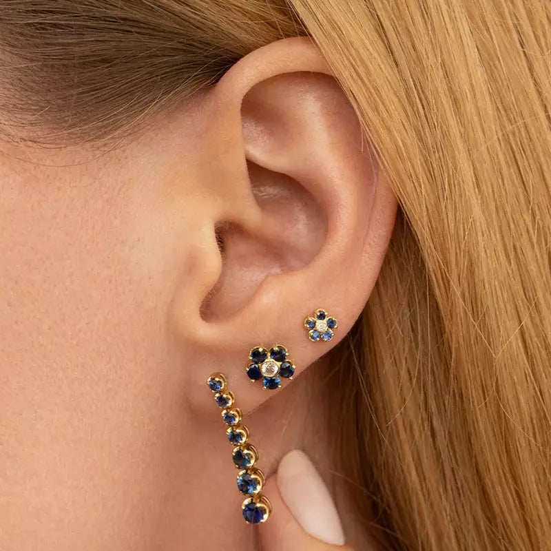 Blue Sapphire Flow Studs with Diamond Center