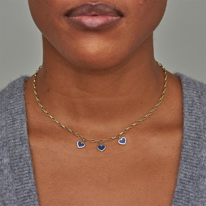 Small Edith Link Necklace with 3 Lapis Inlay Heart Drops