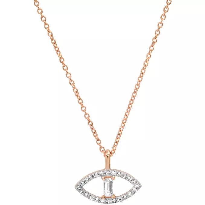 Pave Diamond and Baguette Evil Eye Necklace