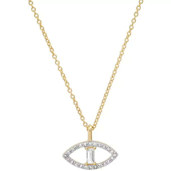 Pave Diamond and Baguette Evil Eye Necklace