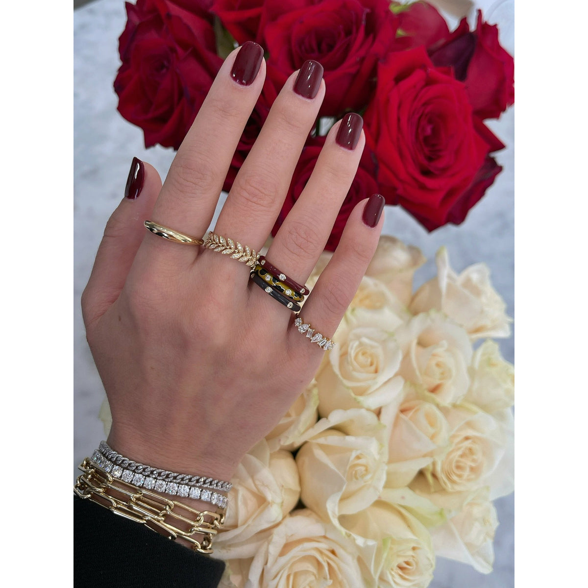 3 Diamond &amp; Wine Enamel Stack Ring