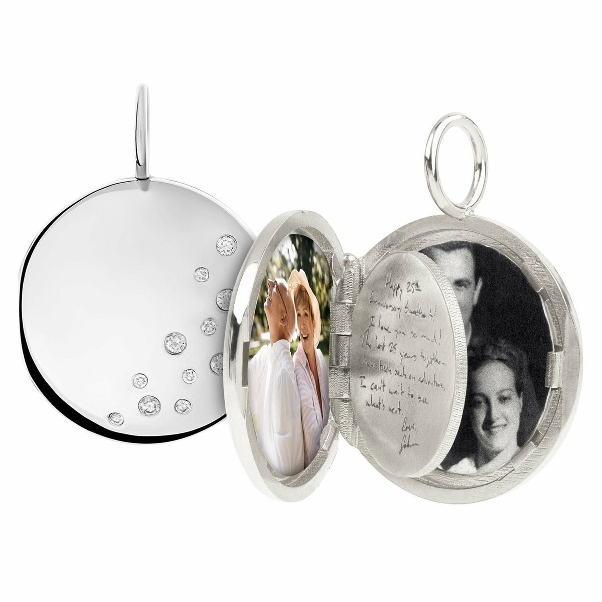 Silver Round Locket with Diamonds and a Personalized Page