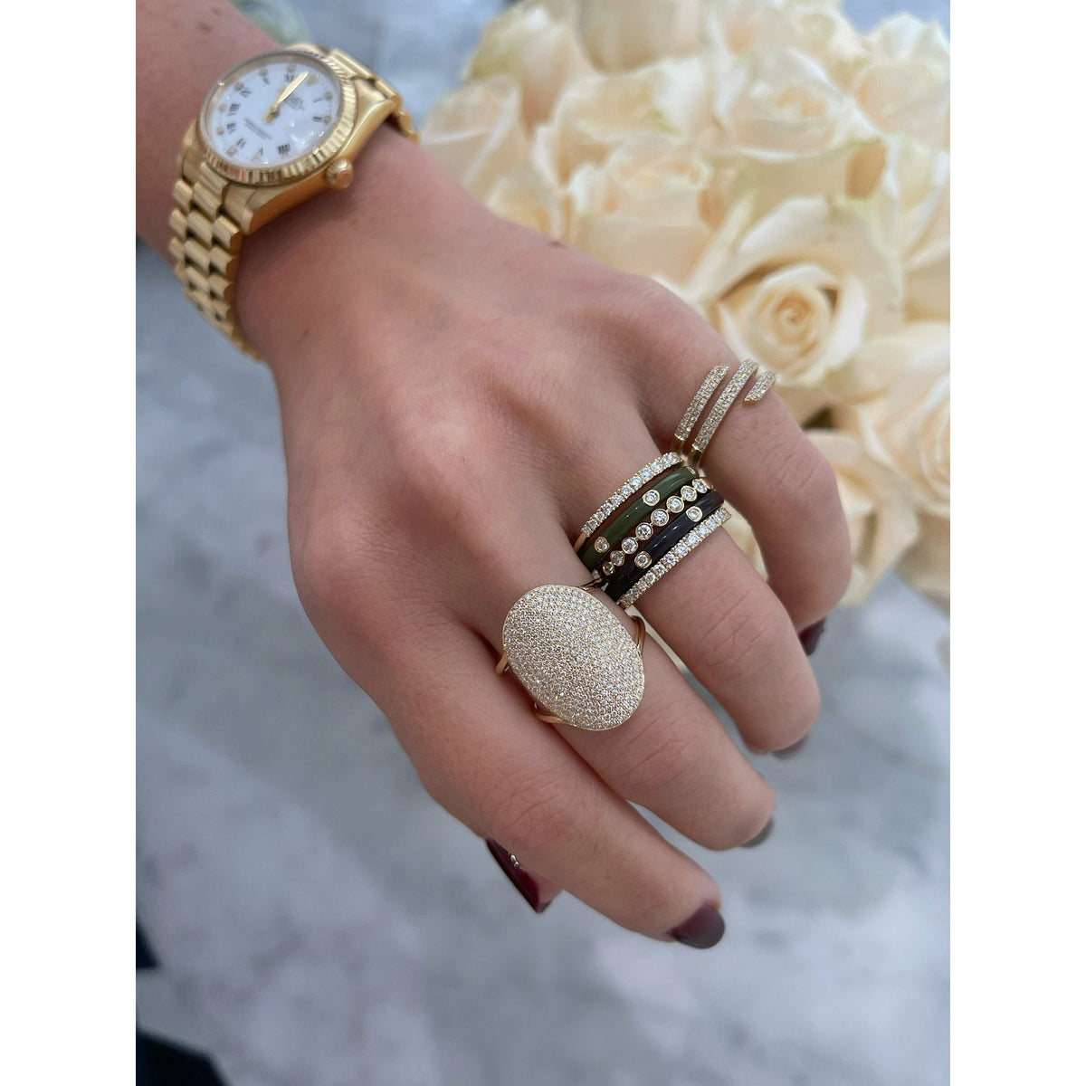 3 Diamond &amp; Slate Enamel Stack Ring
