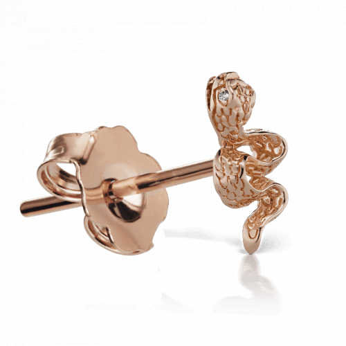 Engraved Snake with Diamond Eyes Stud Earring