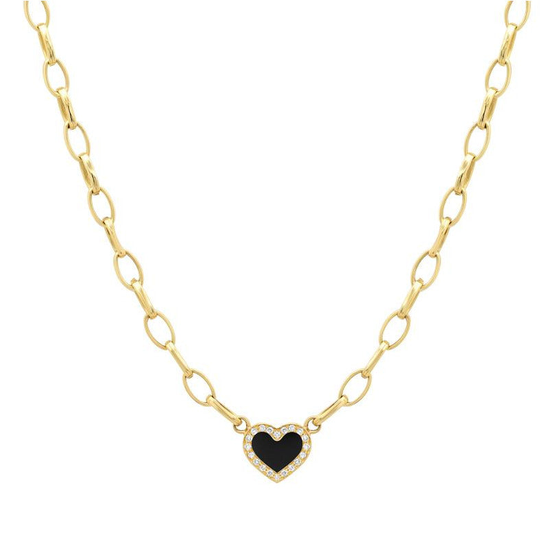 Small Edith Link Necklace With Onyx Inlay Heart With Diamonds