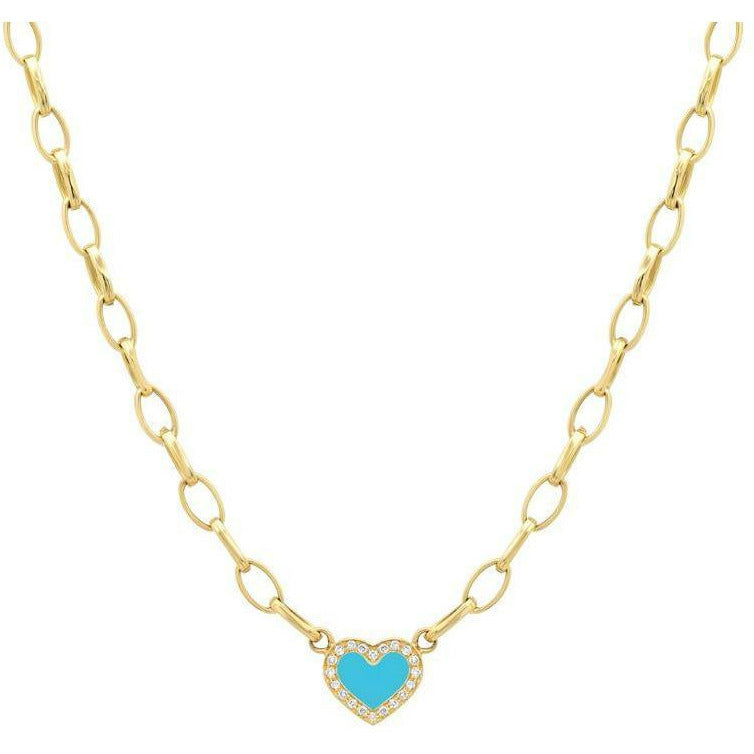 Small Edith Link Necklace With Turquoise Inlay Heart With Diamonds