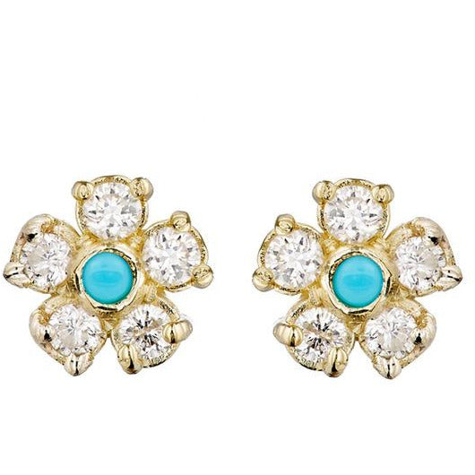 Yellow Gold Diamond Flower Studs with Turquoise Center