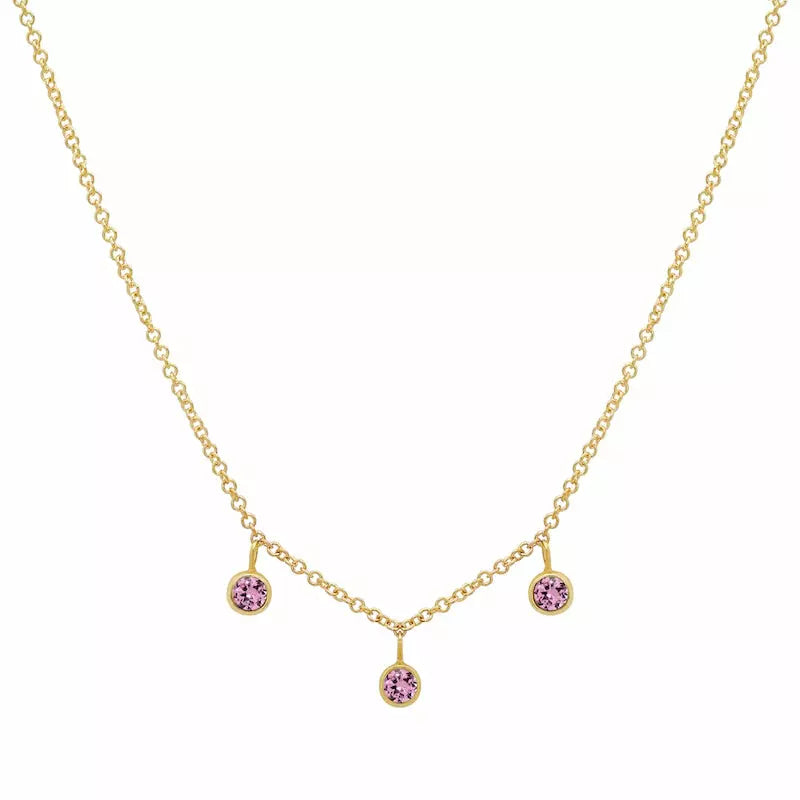 3 Mini Pink Sapphire Bezel Dangle Necklace