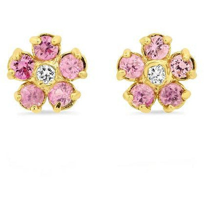 Pink Sapphire Flower Studs with Diamond Center