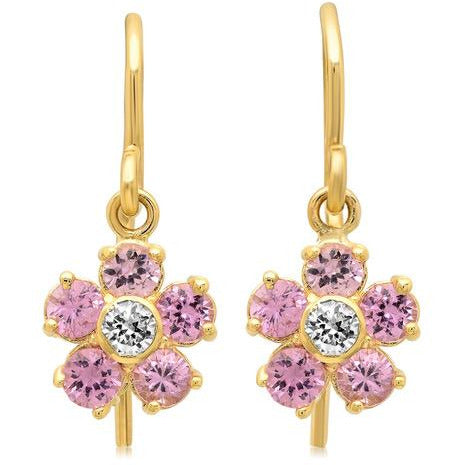 Large Pink Sapphire With Diamond Center Flower Drop Earrings