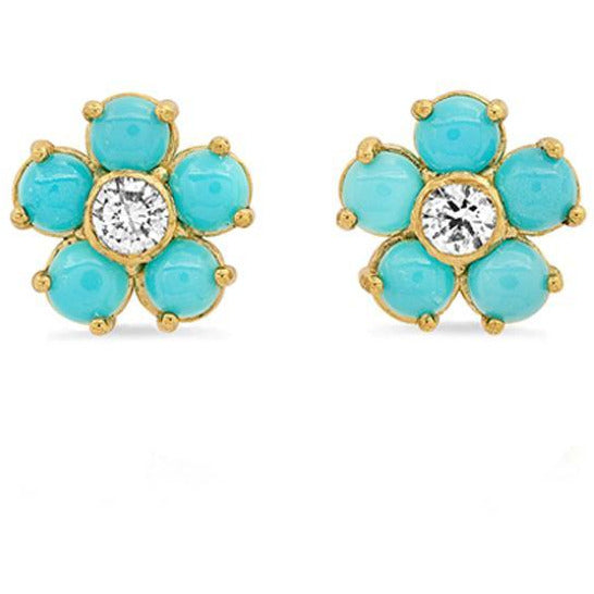 Turquoise Large Flower Studs With Diamond Center