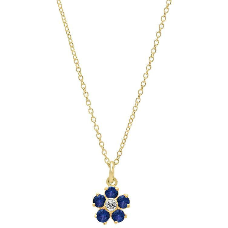 Blue Sapphire Large Flower Necklace With Diamond Center
