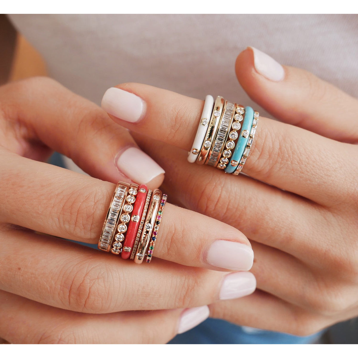 3 Diamond White Enamel Stack Ring