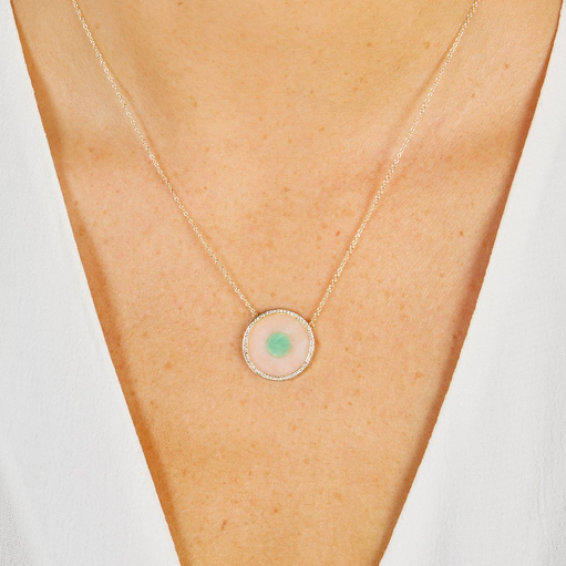 Pink Opal and Green Turquoise Inlay Evil Eye Necklace with Diamonds