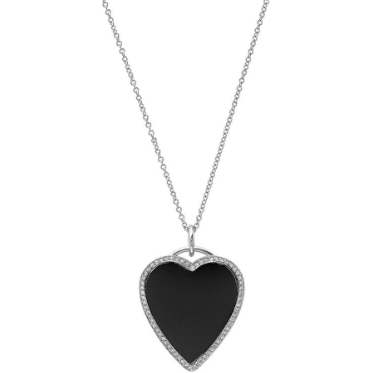 White Gold Onyx Inlay Heart Necklace with Diamonds