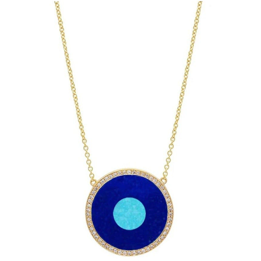 Lapis With Turquoise Center  Diamond Surround Evil Eye Necklace