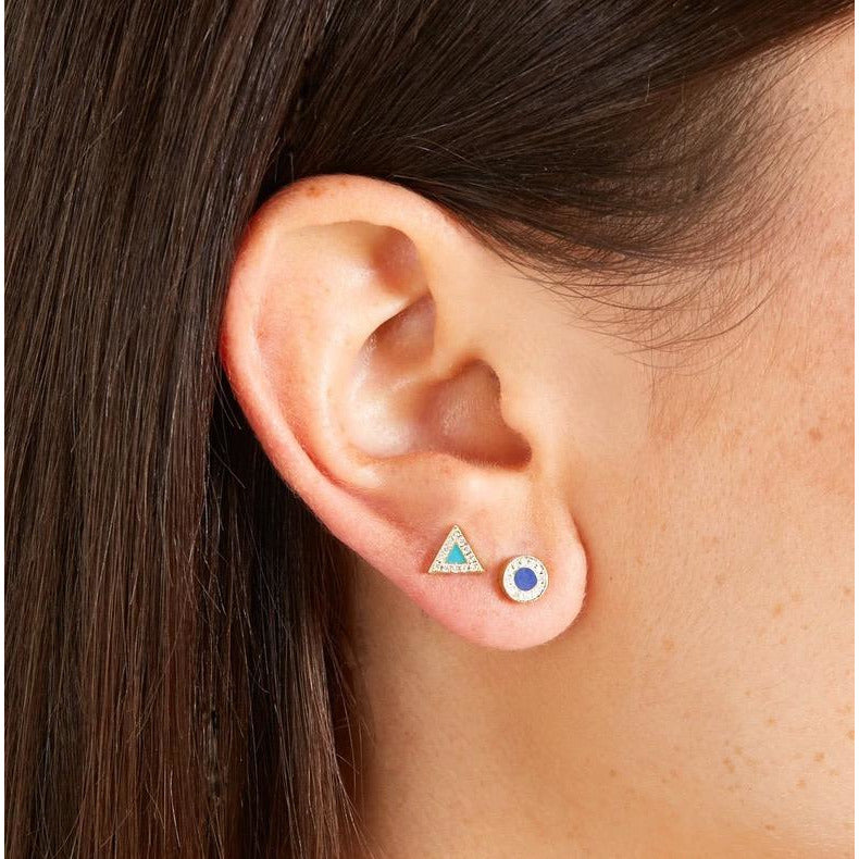 Mini Lapis Inlay Circle With Diamond Surround Stud Earrings