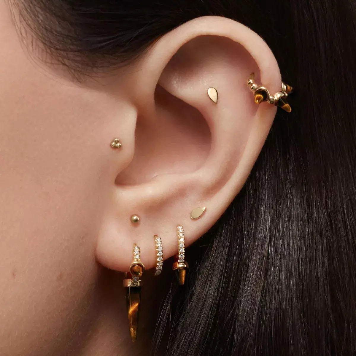 Tiger s Eye Triple Granulated Spike Hoop Earring